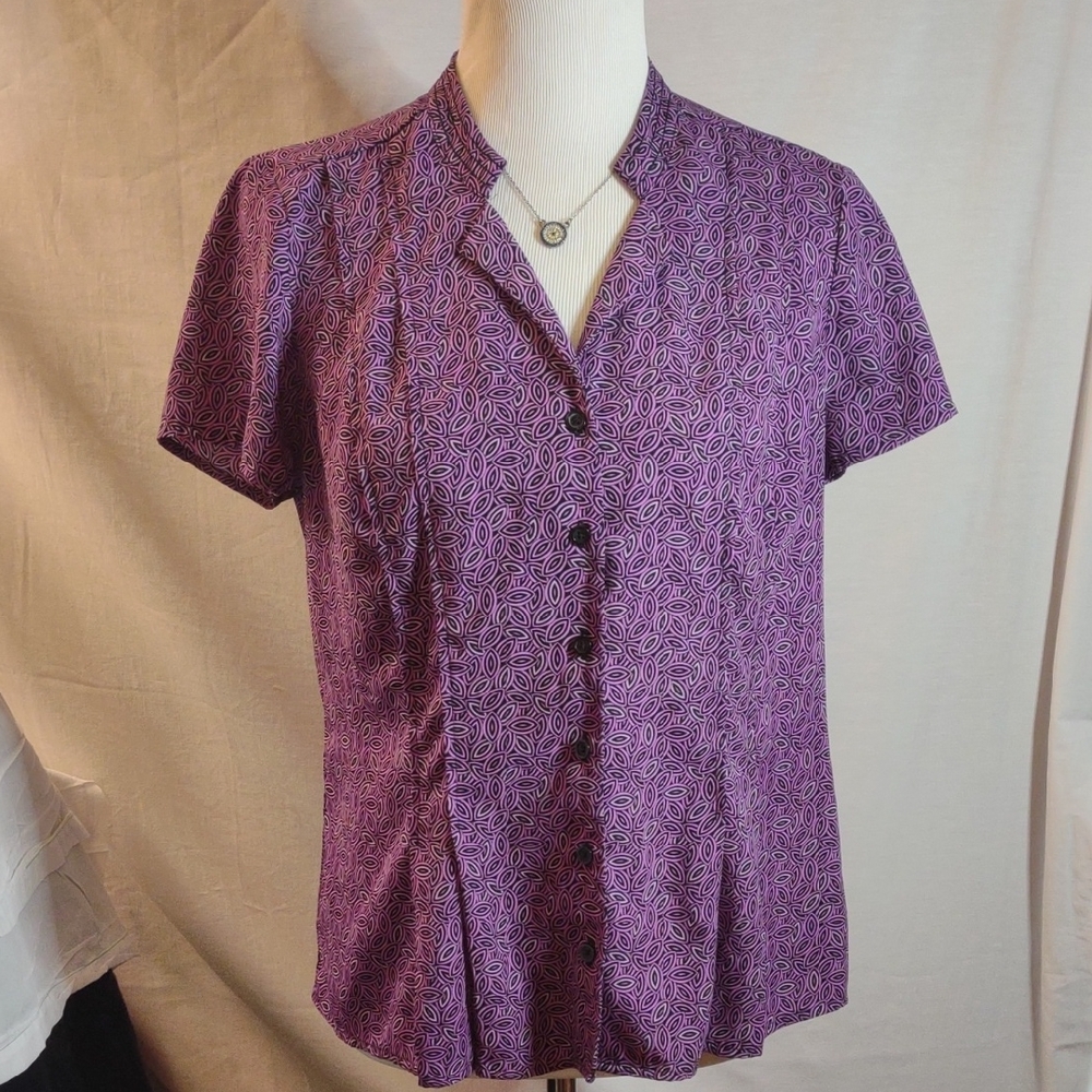 Dana Buchman Purple/Black/White Mandarin Collar Fitted Button Up Blouse - Size M
